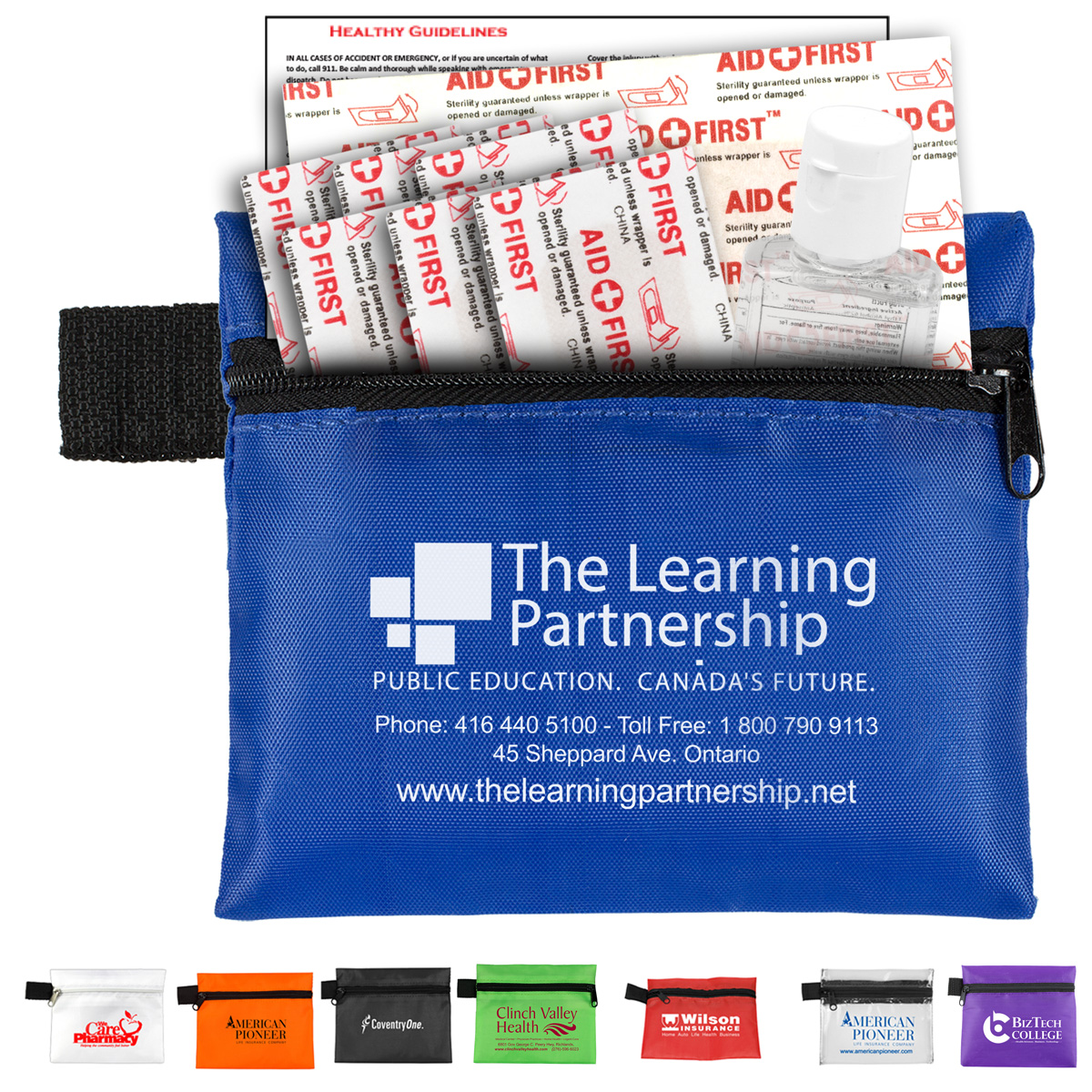 “SaniTime” 9 Piece Hand Sanitizer First Aid Kit in Zipper Pouch Components inserted into Zipper Pouch